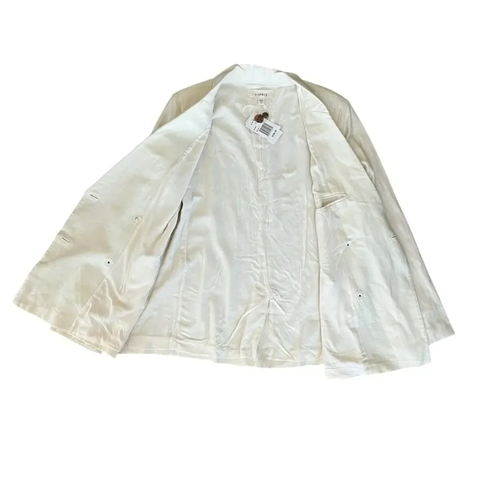 L*Space Women’s Rhodes White Cream Linen Cotton Double Breasted Long Blazer S